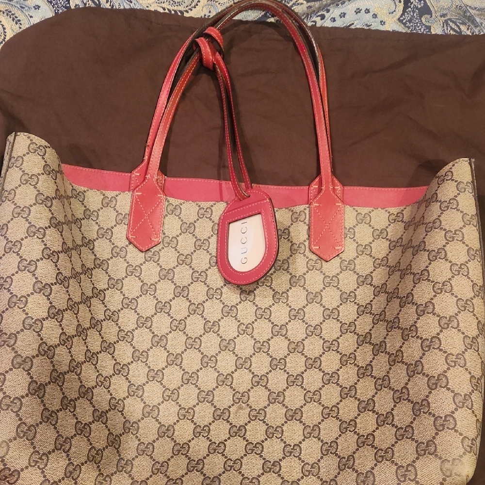 Gucci Brown and Pink Monogram Tote Bag